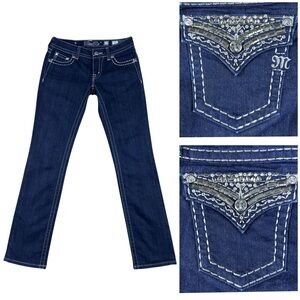 Miss Me Rhinestone Embellished Low Rise Straight Leg Jeans Size 27 Flip Pockets